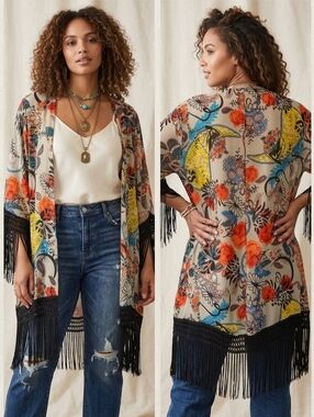 torrid Floral Print Kimono in Orange, Blue, Black on Cream With Tassel Trim